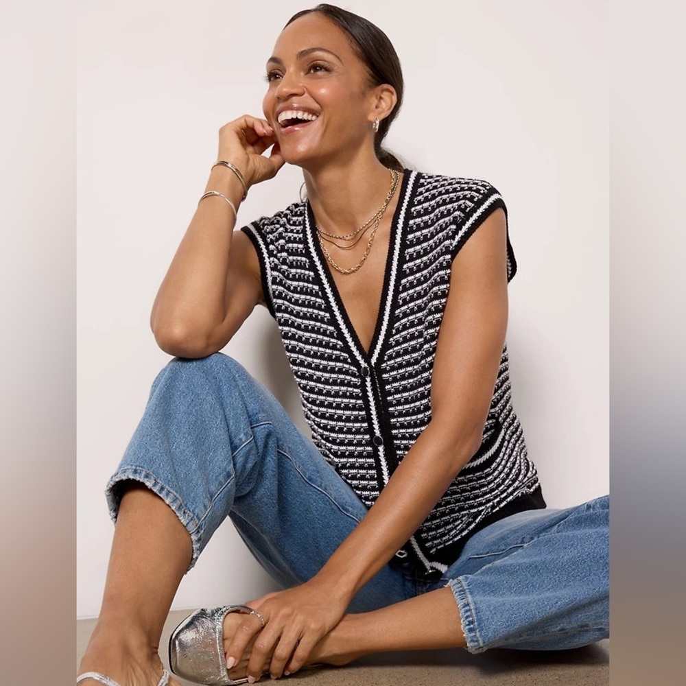 Evereve Black & White Striped V-Neck Button Sweater Vest